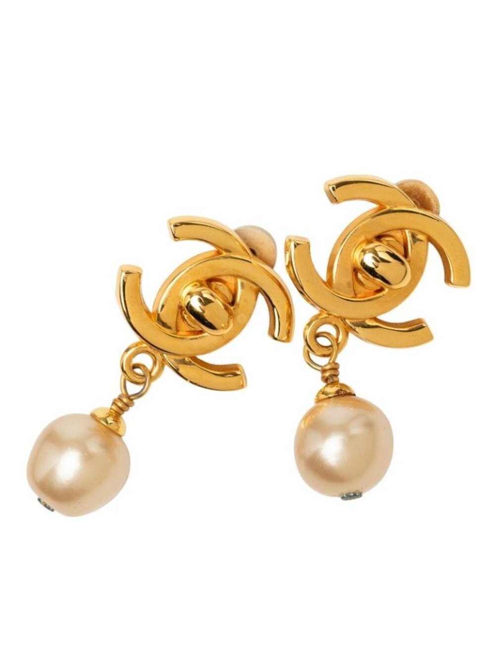 Chanel CC Logo Turnlock Earrings Gold Plated Faux Pearl